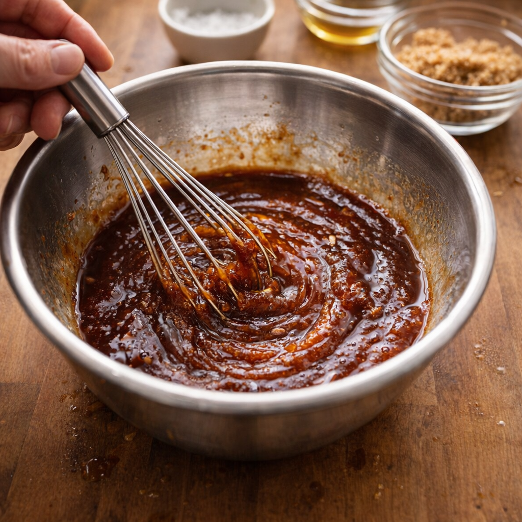 Barbecue sauce mixture being whisked in a bowl