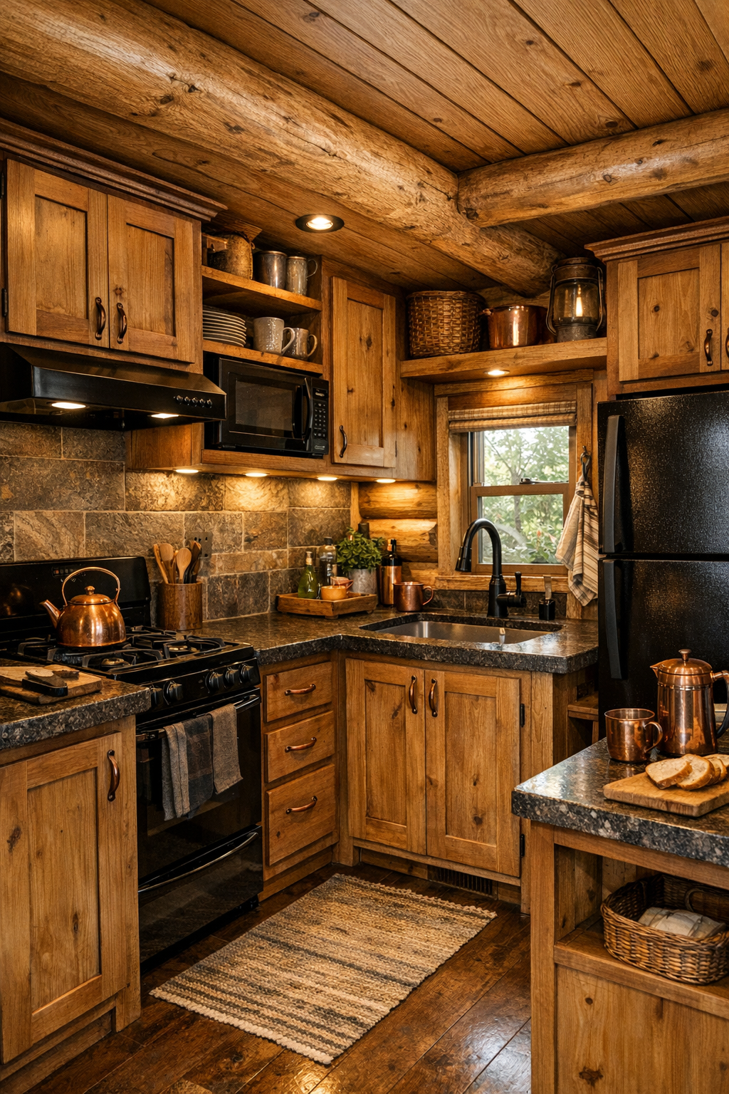 Rustic compact kitchen with warm wood cabinets, copper details, and dark counters