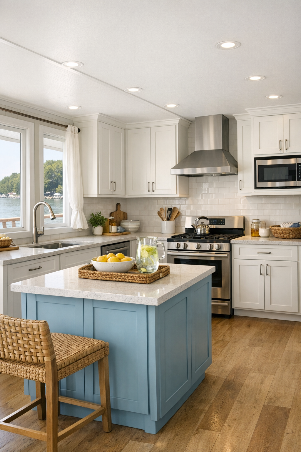 Warm white cottage kitchen with shaker cabinets, light counters, and soft blue accents