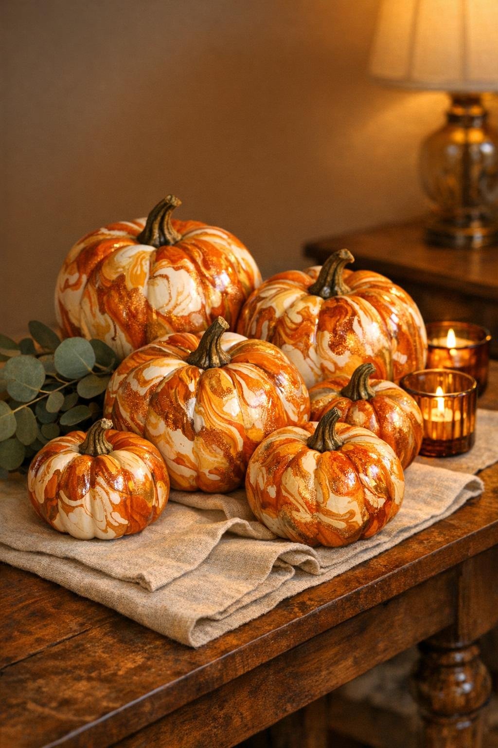 Finished marbled heirloom pumpkins displayed for fall decor