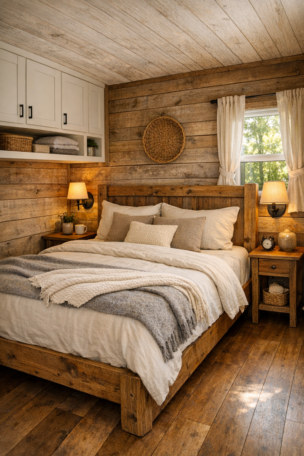 Serene rustic bedroom with wood finishes, cream bedding, and soft natural light