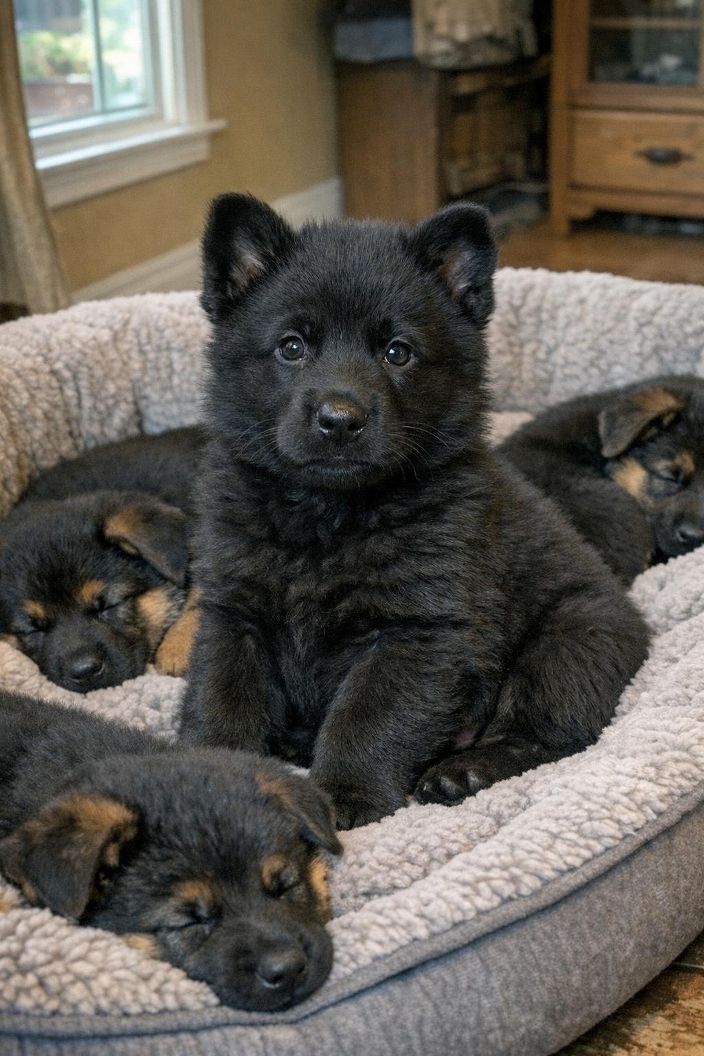 Solid black German Shepherd puppy sitting in a dog bed with black and tan littermates