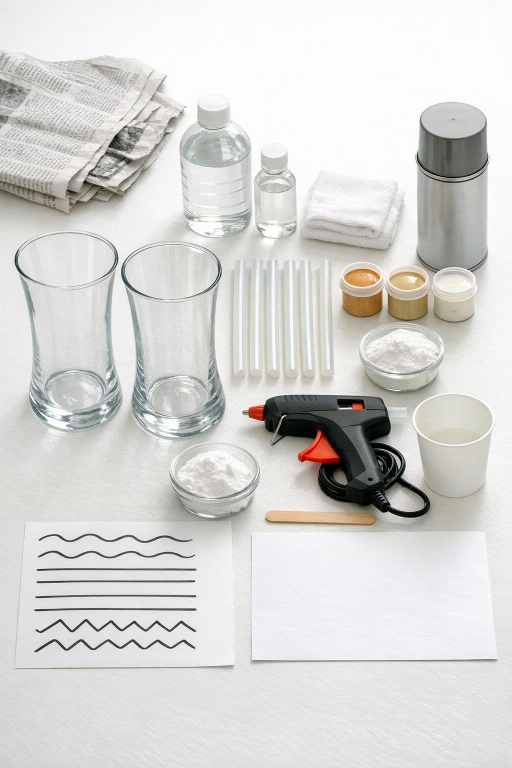 Materials laid out for making carved-stone style vases