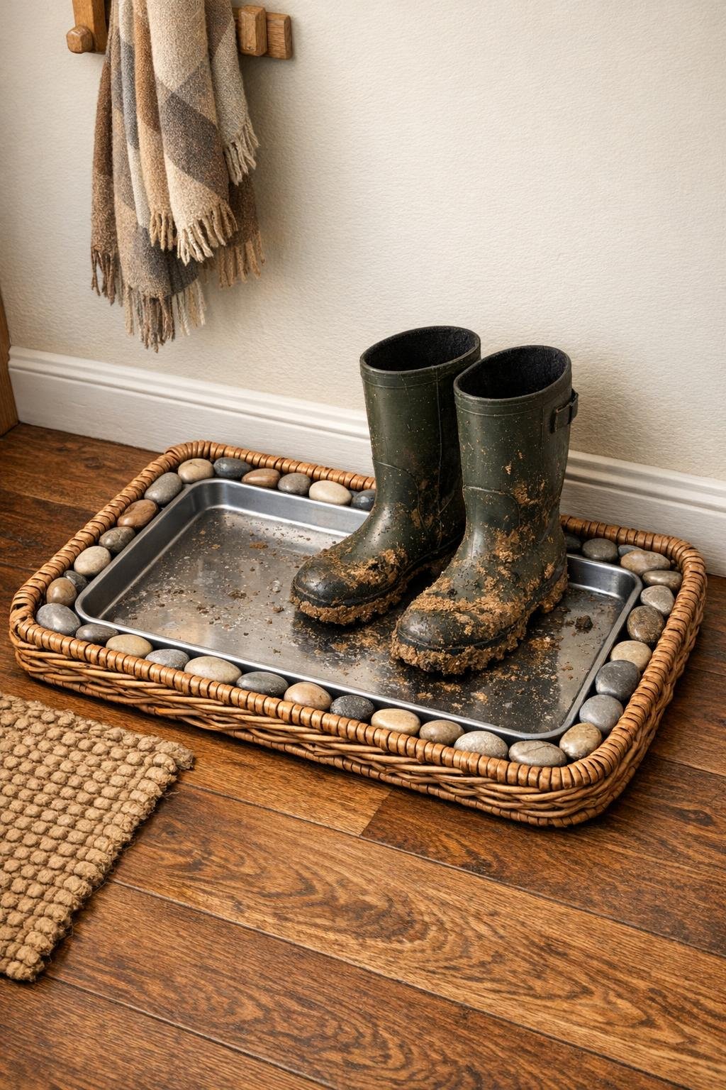 Finished muddy boot tray in a hallway