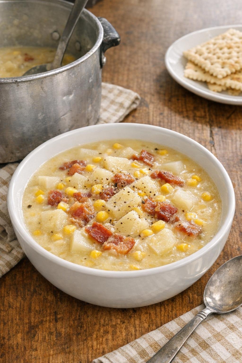 Finished bowl of corn chowder with potatoes and bacon