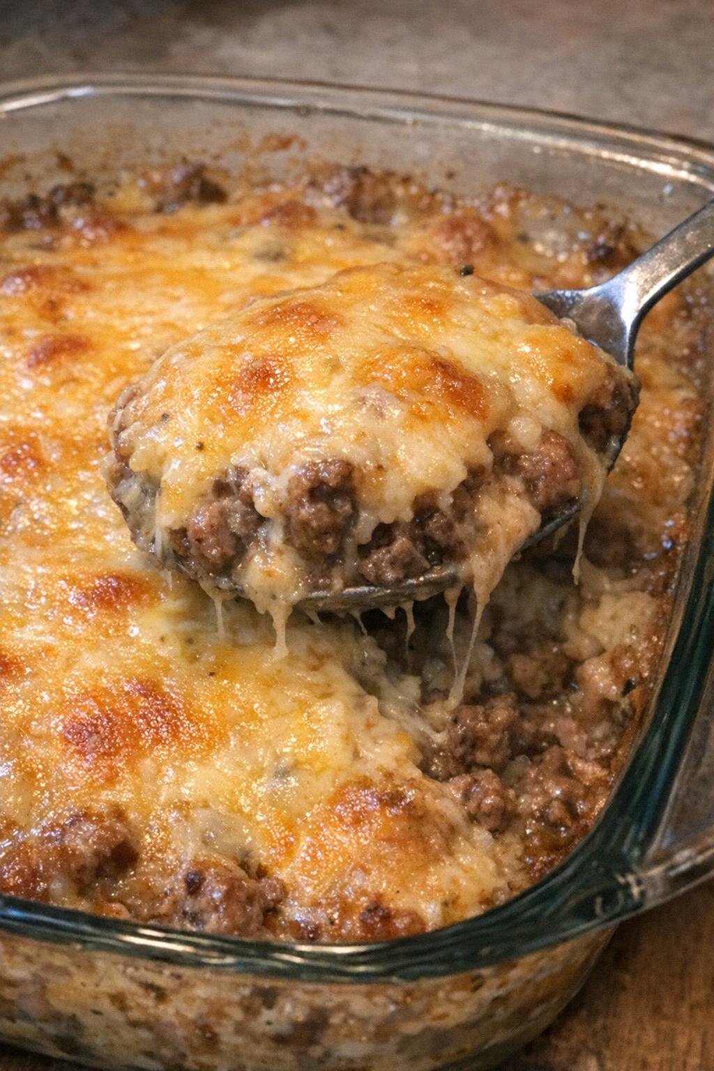 Golden cheesy beef casserole in a glass baking dish