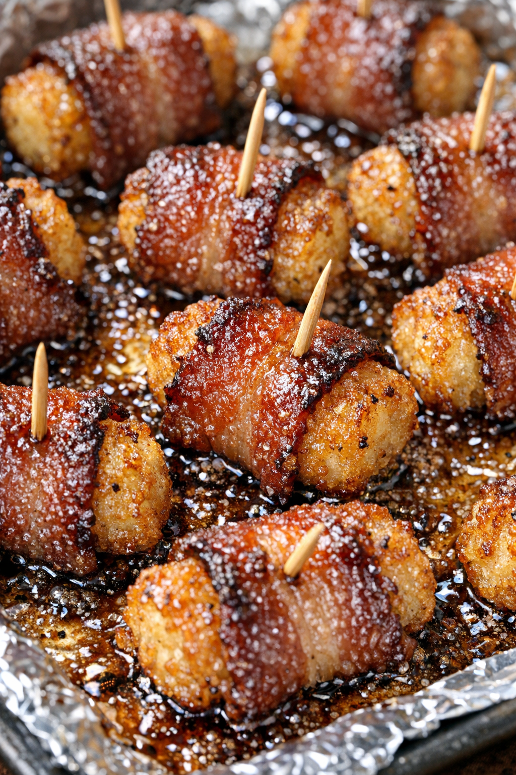 Southern 3-ingredient bacon wrapped tots on a foil-lined baking tray