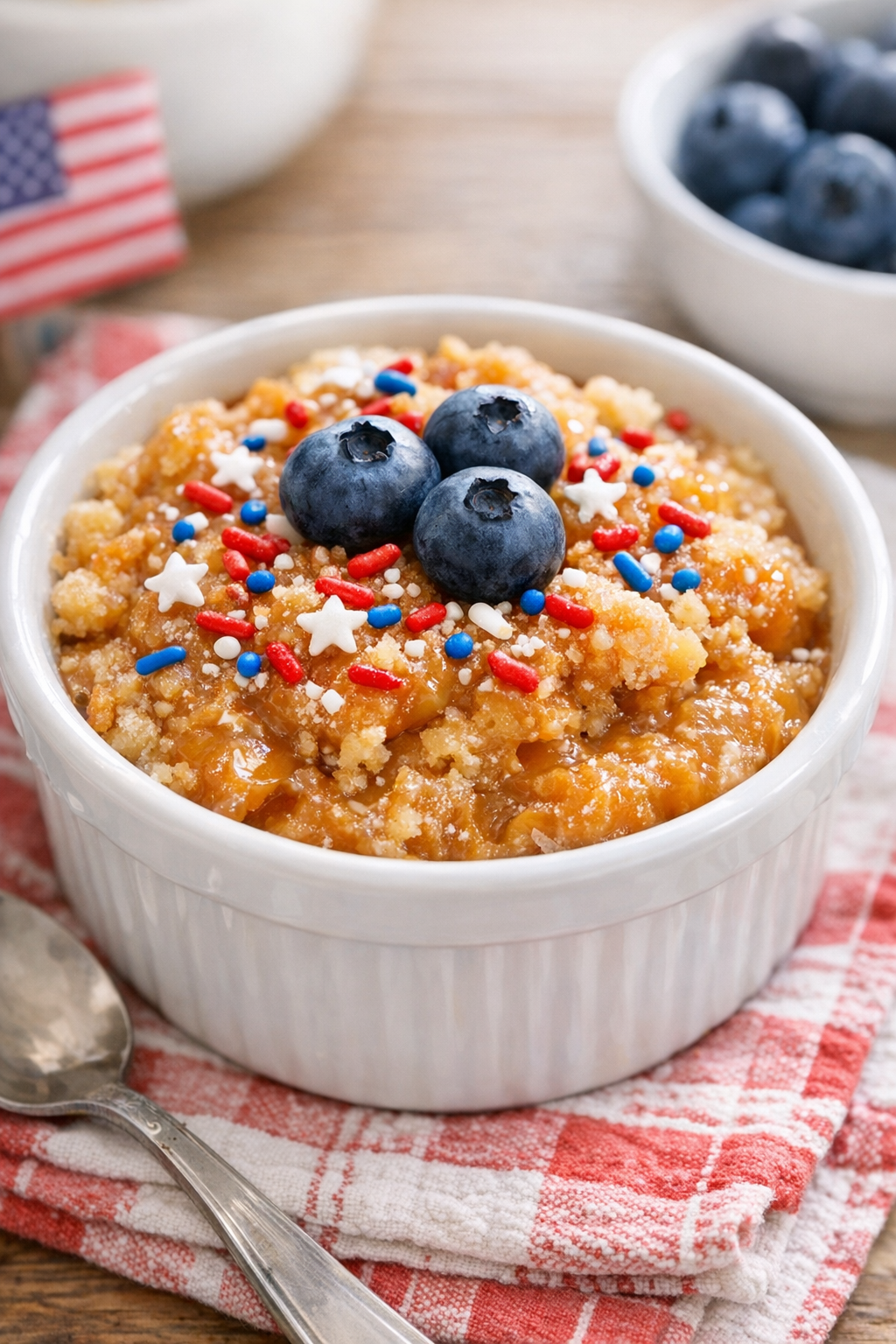 Finished caramel dessert topped with patriotic candies