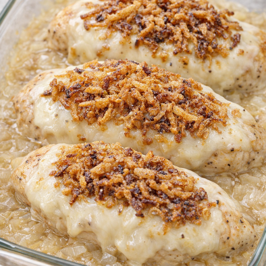 French onion chicken variation with melted provolone cheese and crispy onion topping