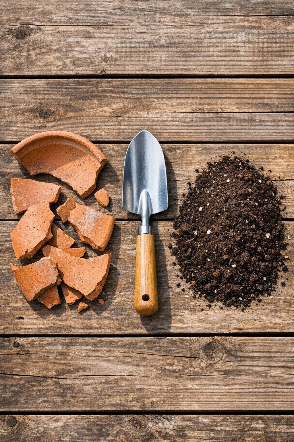 Broken terracotta pot shards, potting soil, and a garden trowel laid out on a wooden potting bench