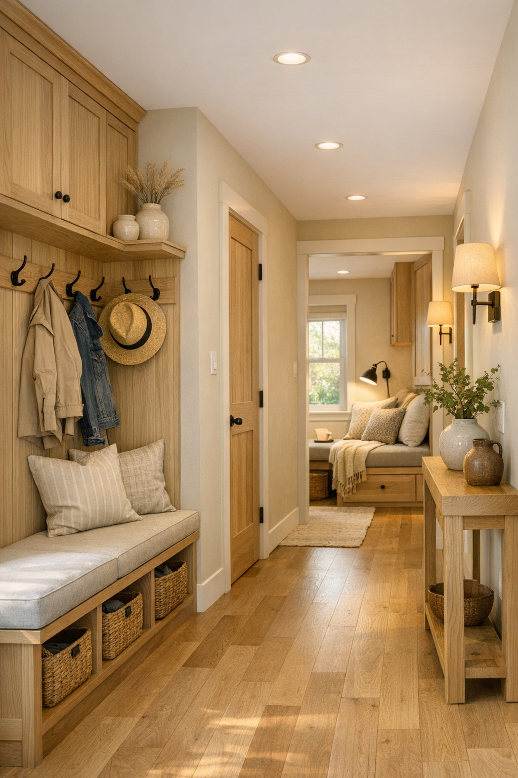 Entry and hallway storage area in a soft wheat accessible tiny home