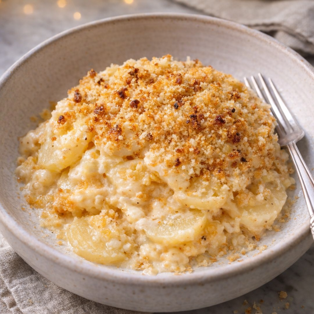 Creamy potato bake topped with crisp crumbs and served