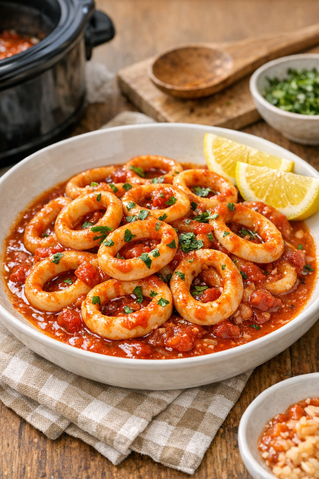 Finished slow cooker calamari in tomato sauce