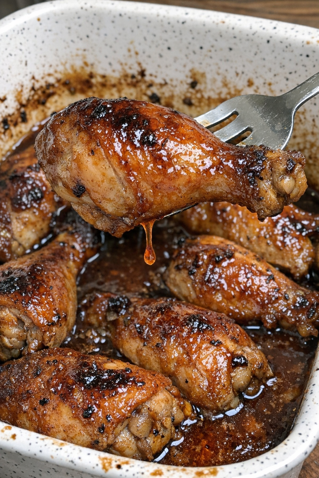 Glossy baked chicken in sauce in a white speckled casserole dish