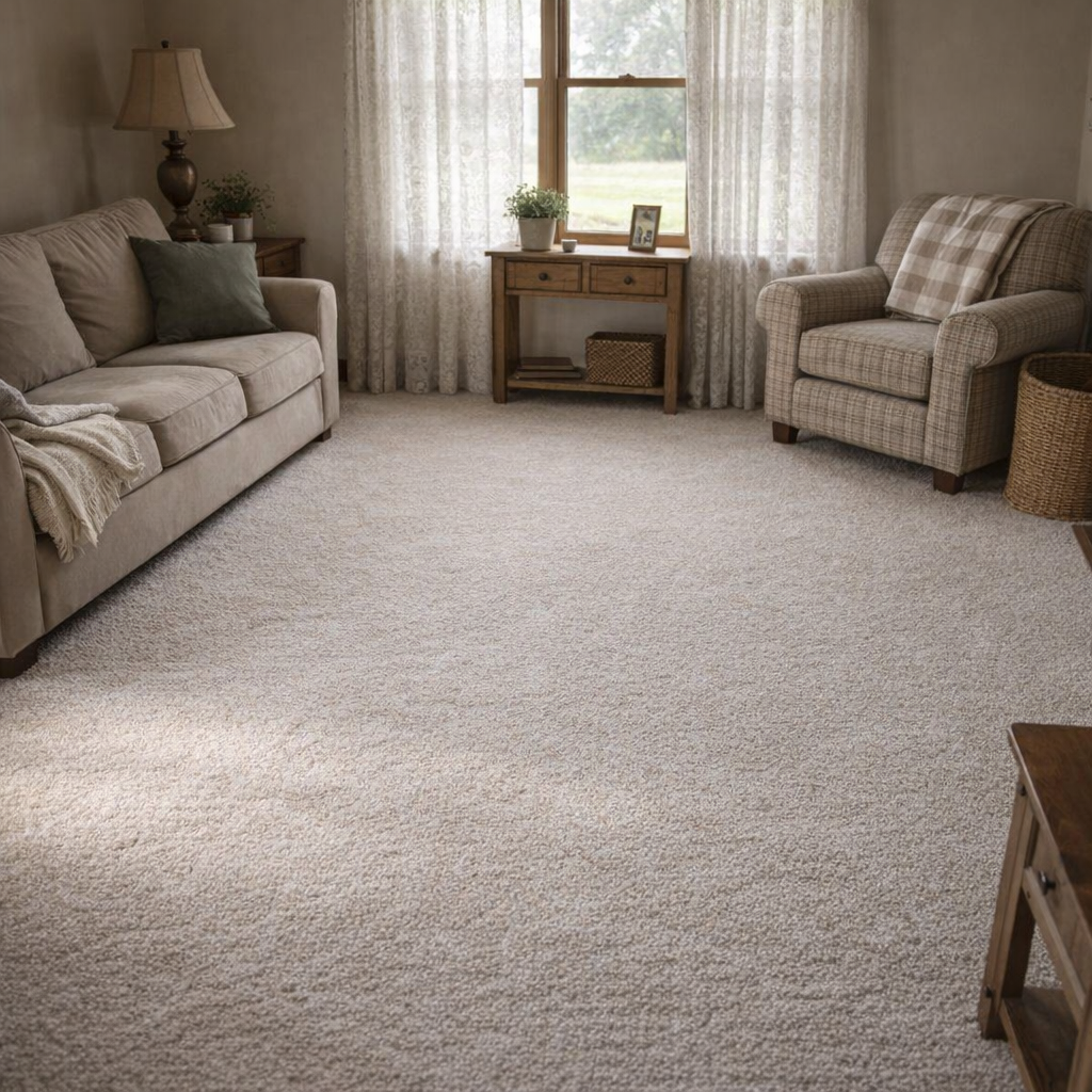 Freshened room with tidy carpet and gentle daylight