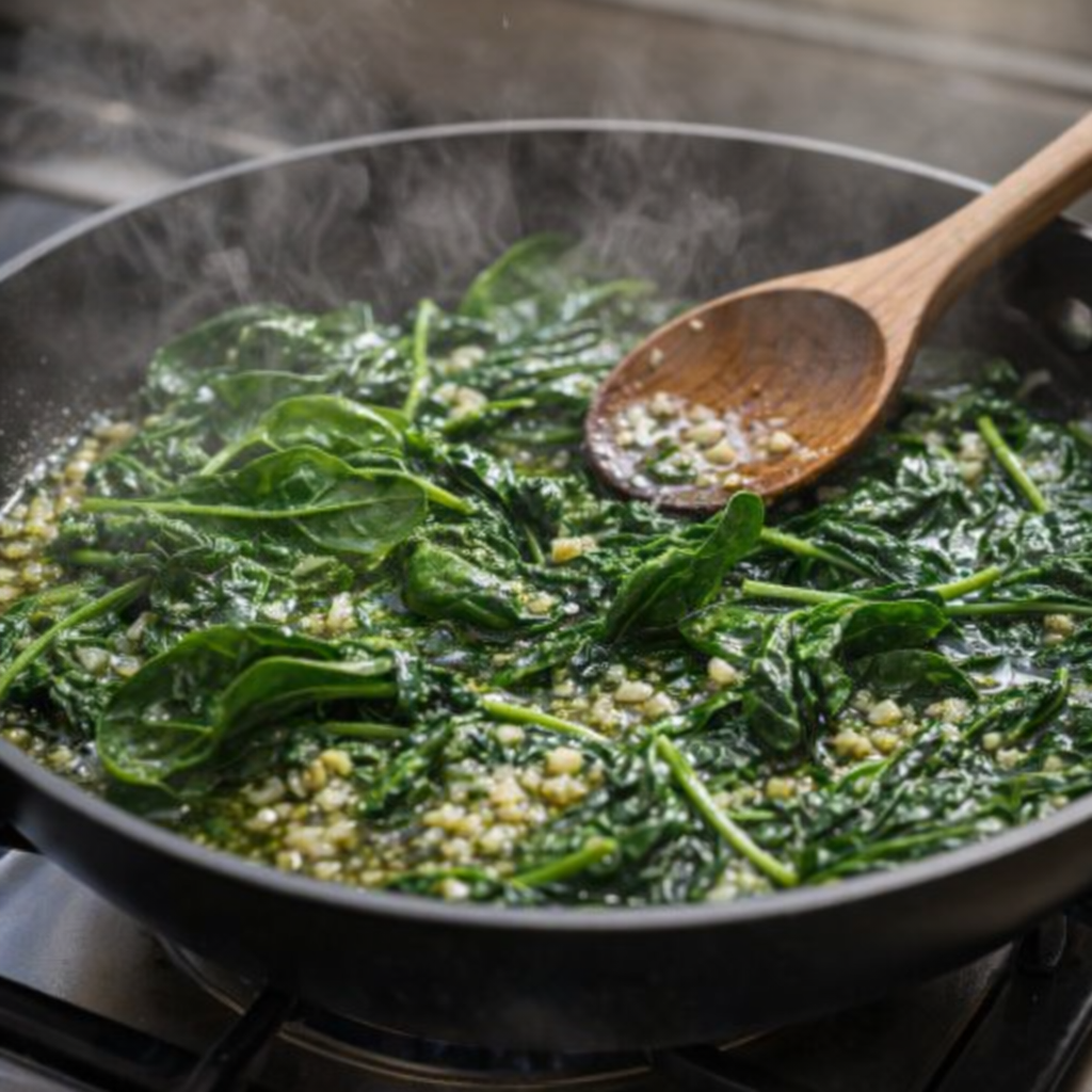 Spinach wilting in a skillet with garlic
