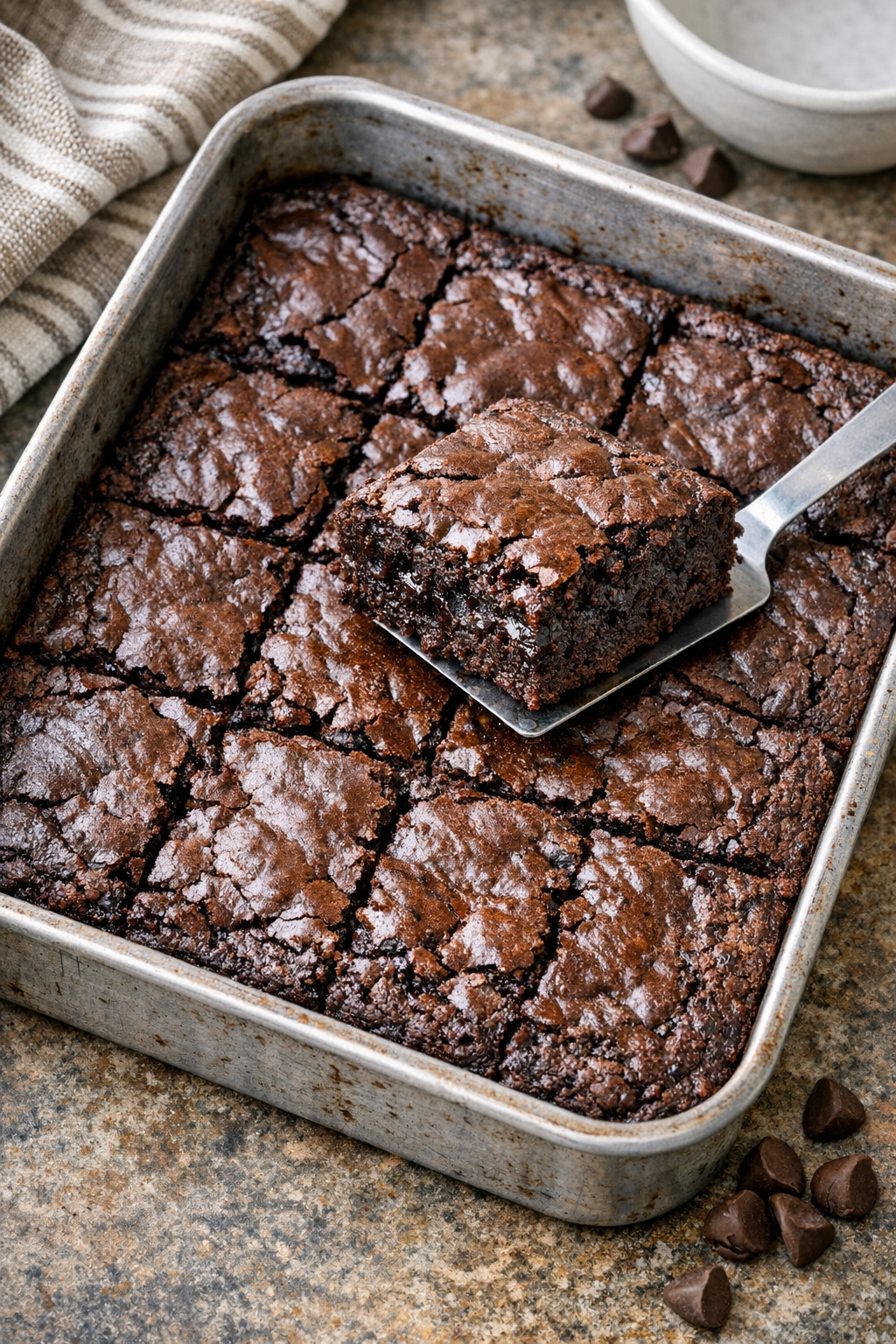 Finished chocolate cake dessert in roasting pan