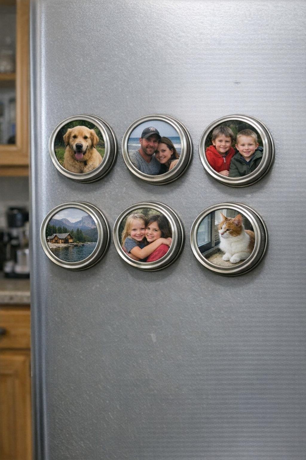 Jar-lid photo magnets on a refrigerator