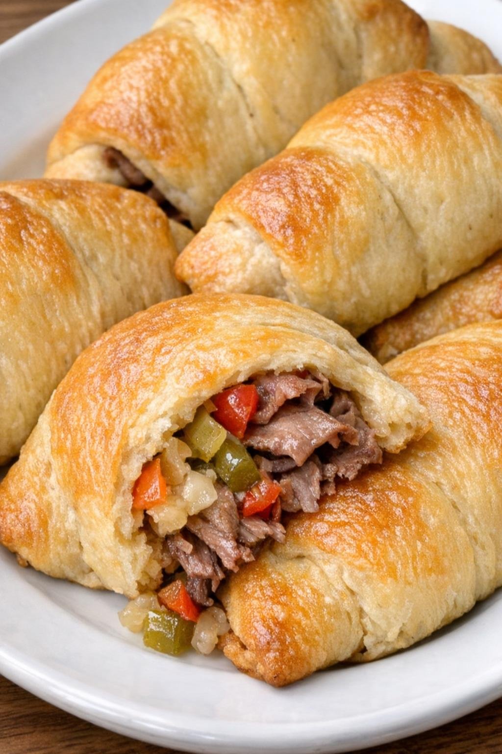 Golden brown crescent dough pockets with roast beef and jardiniere