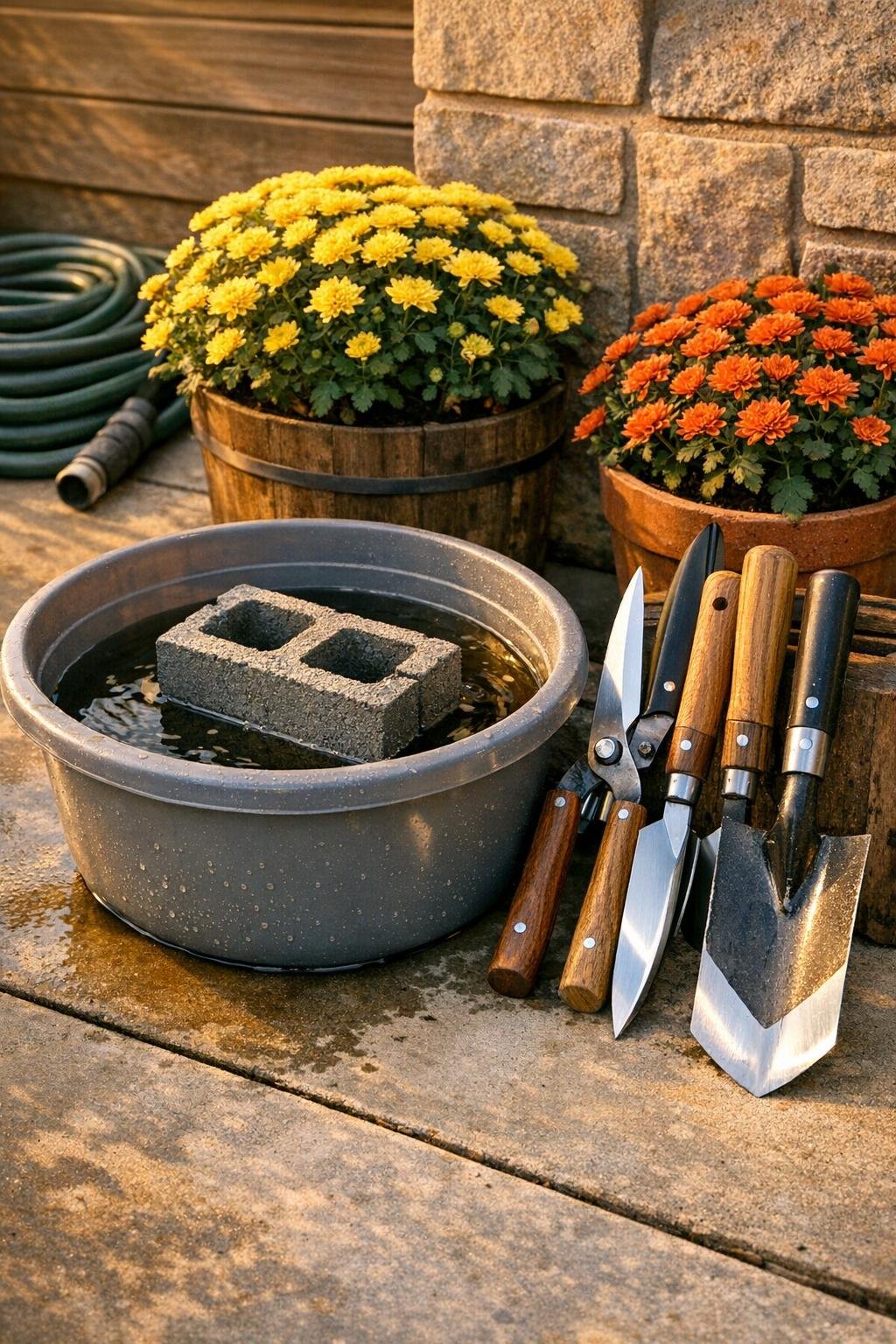 Finished garden tool sharpening station with sharpened tools beside the soaked cinder block