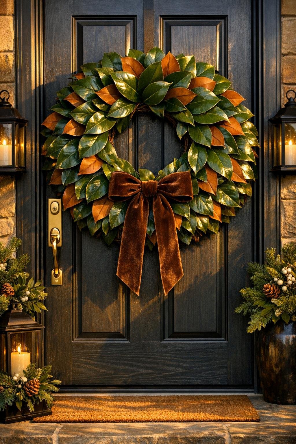 Finished glossy waxed magnolia wreath hanging on a front door