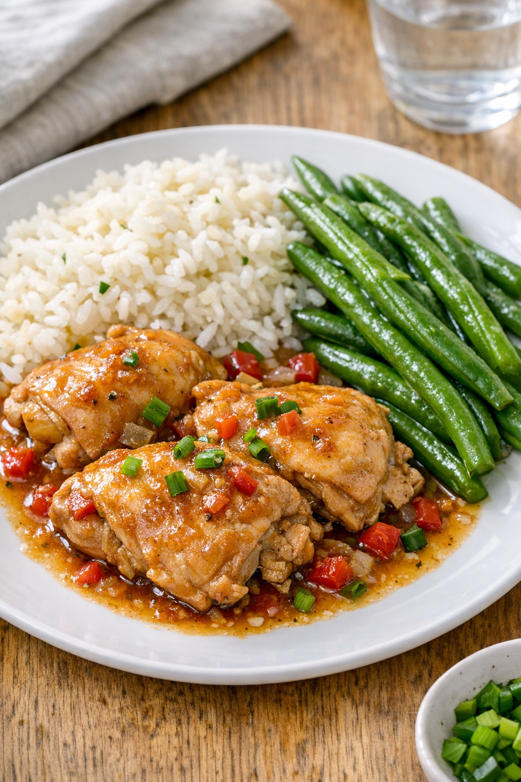 Finished slow cooker chicken thighs plated with sauce