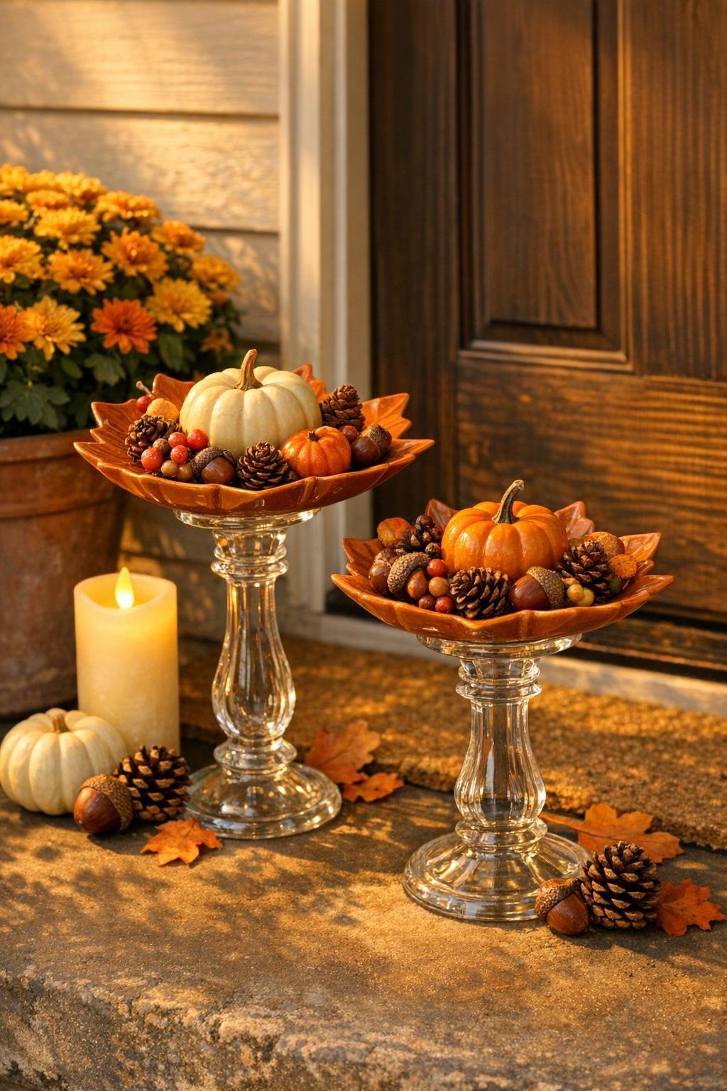 Finished autumn pedestal displays made from ceramic leaf dishes and glass candlesticks styled by a front door