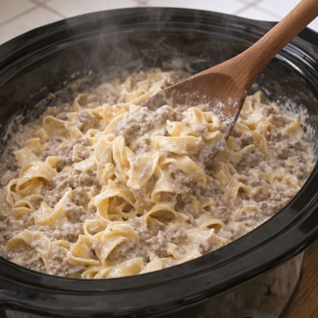 Creamy beef and noodles being folded together in the slow cooker