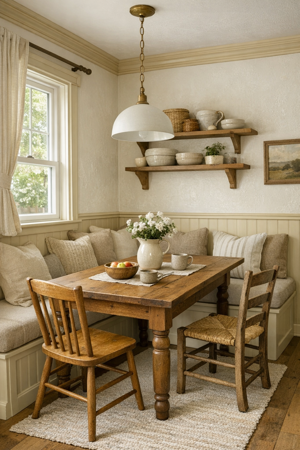 Tiny home dining nook with a solid wood table, built-in banquette, mixed chairs, and a warm pendant light