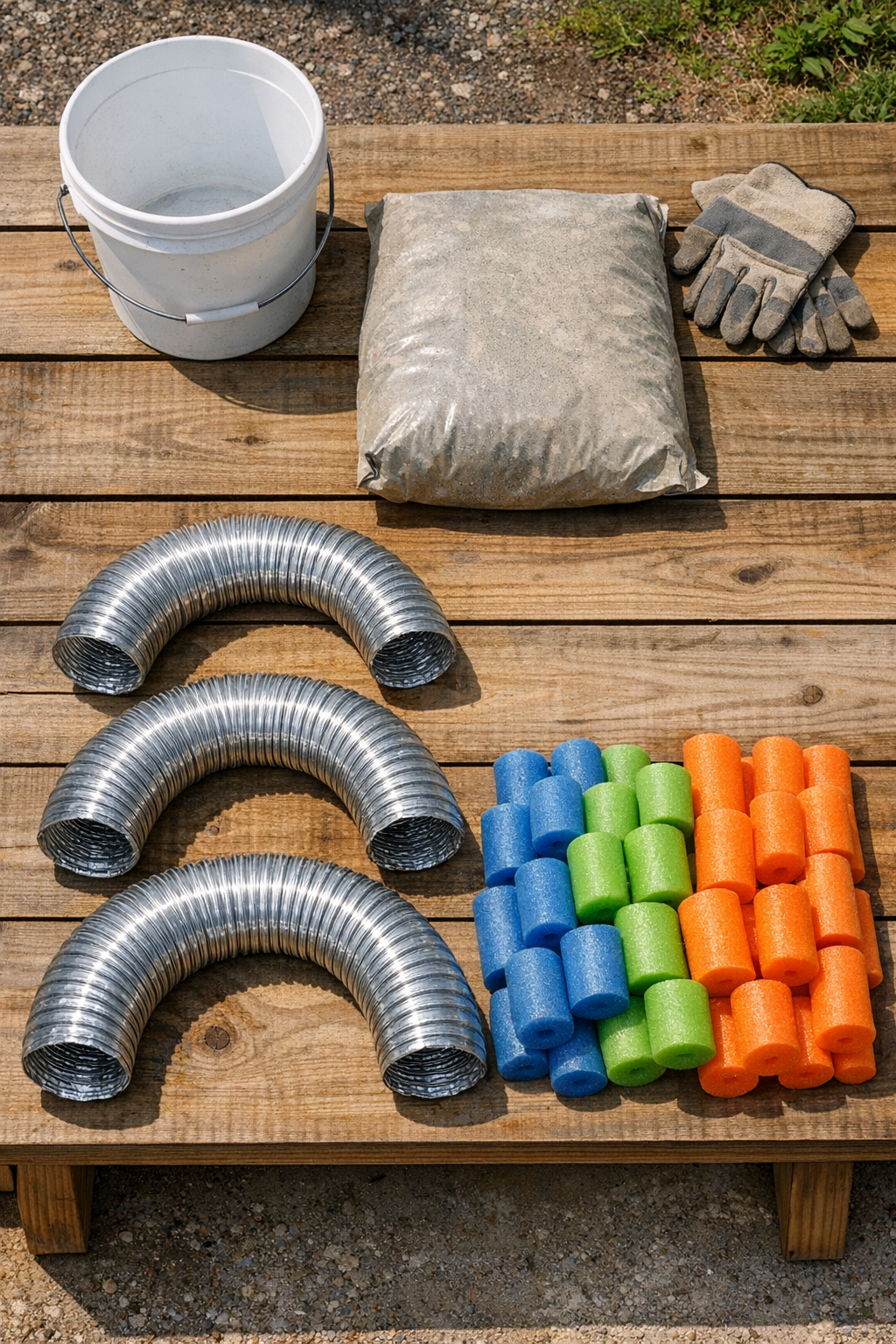 Materials for making cement yard loops laid out on a worktable