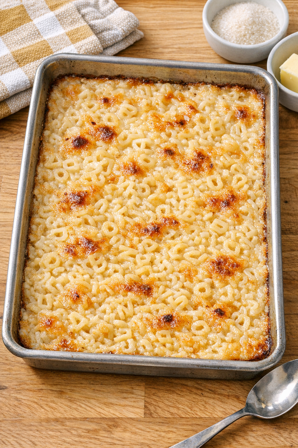 Baked alphabet pasta dessert in a sheet pan