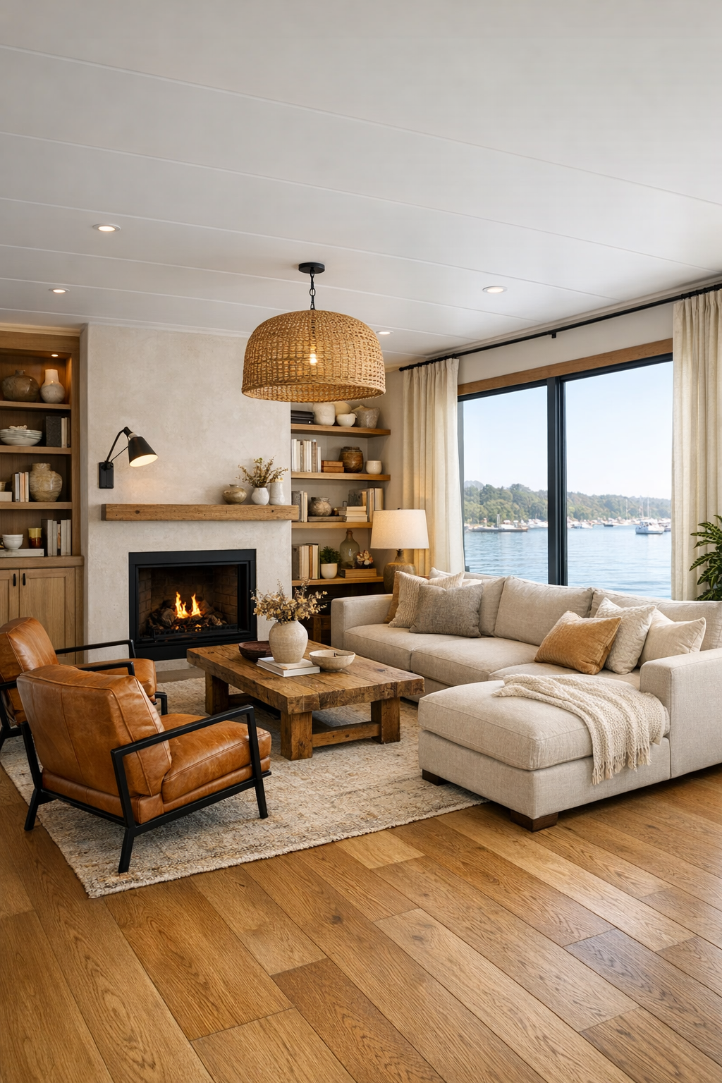 Bright living room on a barrier-free houseboat with linen seating, oak floors, and wide water views