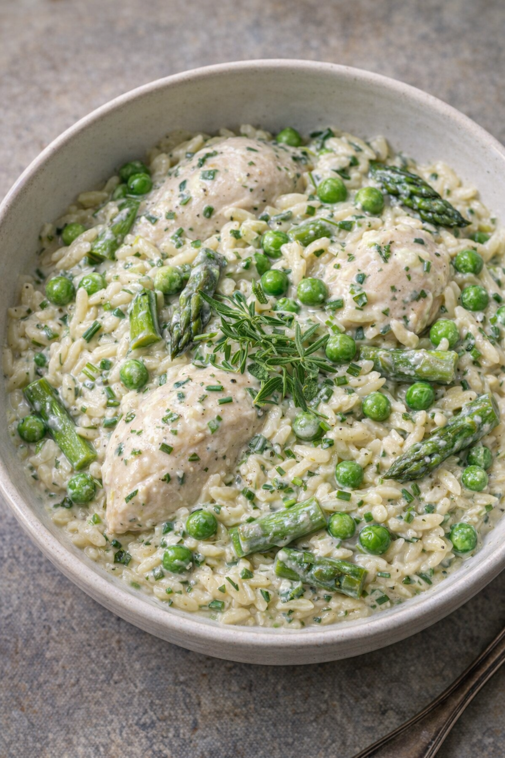 Creamy chicken orzo with peas and asparagus mixed in