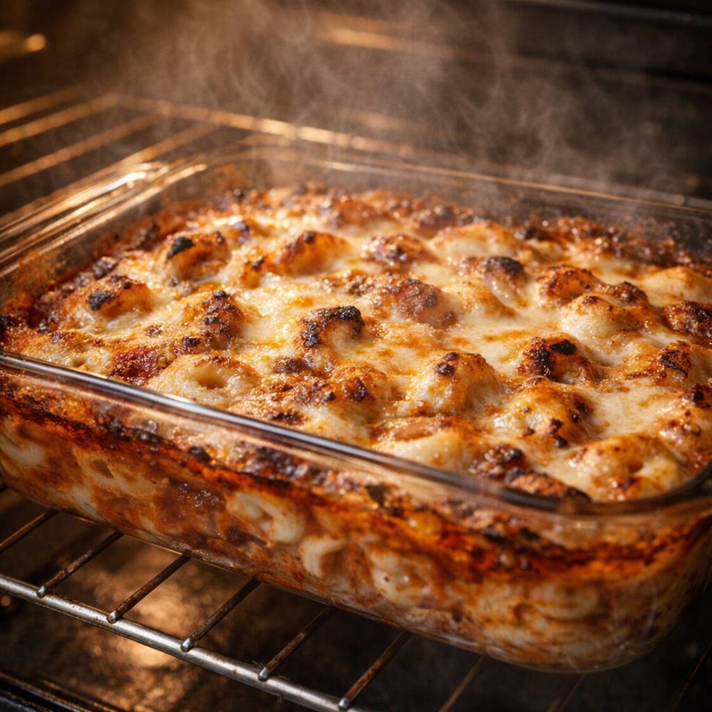 Golden mozzarella crust forming on the casserole in the oven