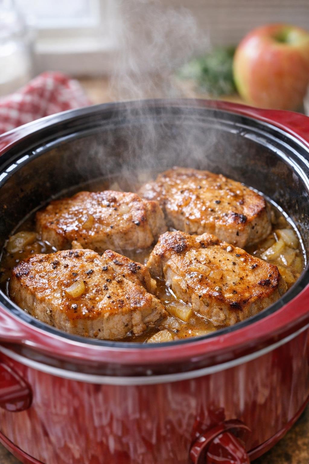 Cooked pork chops in apple cider sauce