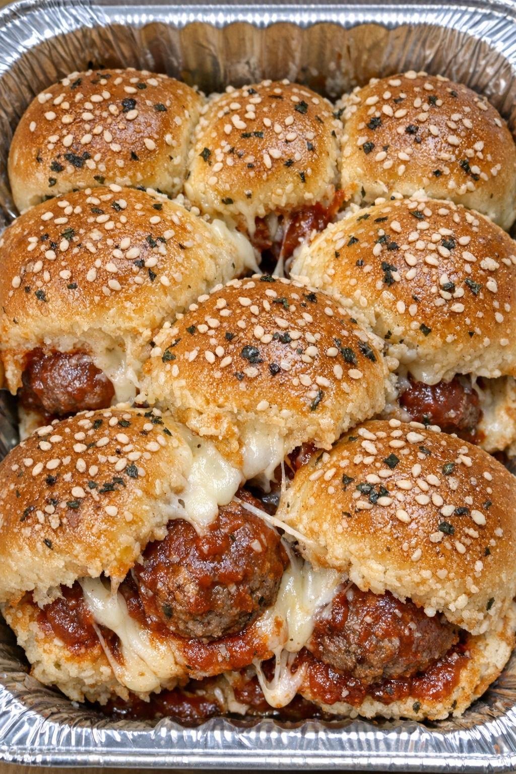 Finished meatball sliders with melted cheese