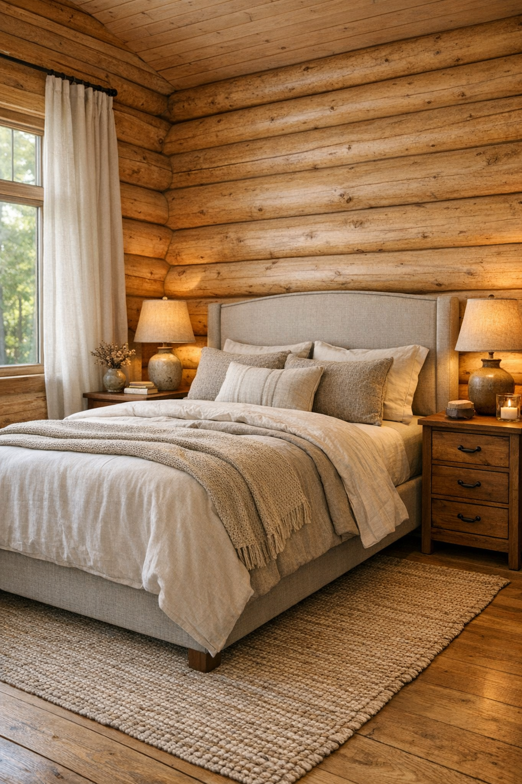 Peaceful log bedroom with layered neutral bedding and handcrafted wood furniture