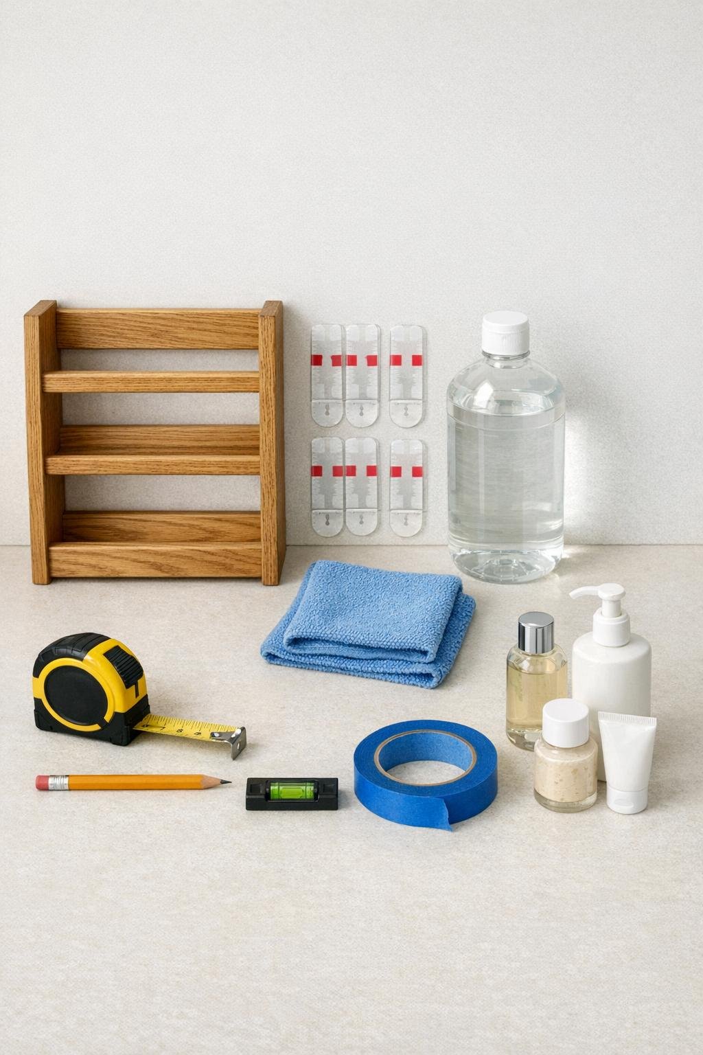 Materials laid out for a hidden bathroom cabinet door shelf project