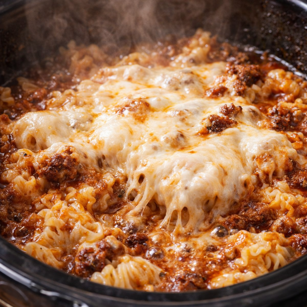 Fresh mozzarella melting over the finished pasta bake