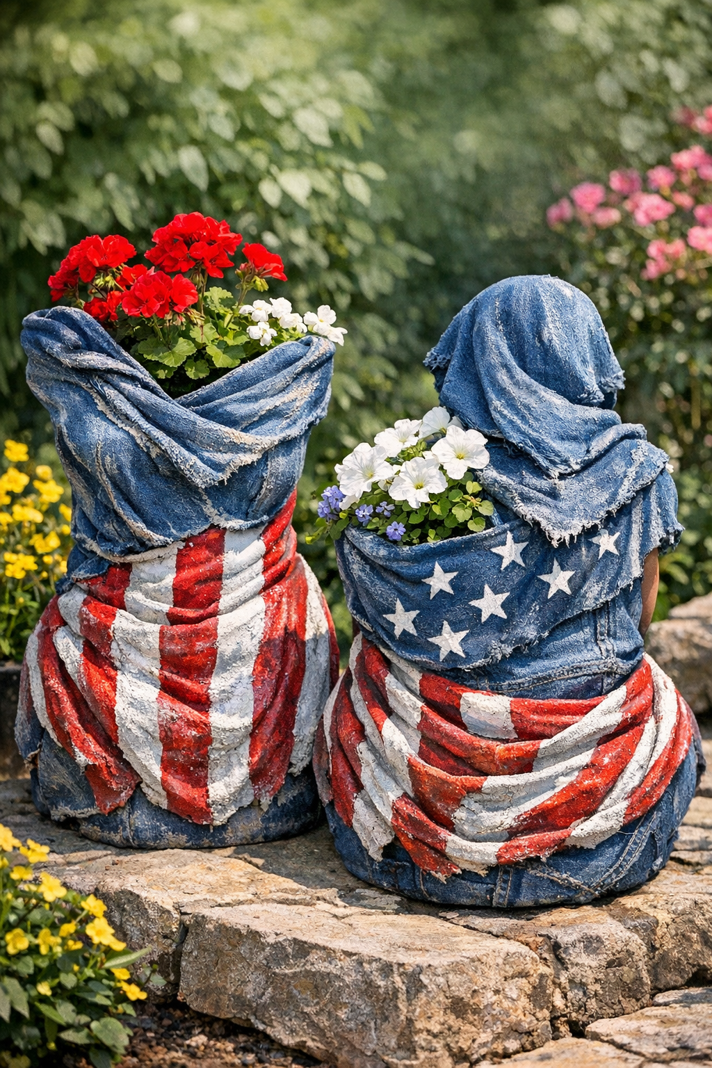 Finished patriotic denim cement garden forms