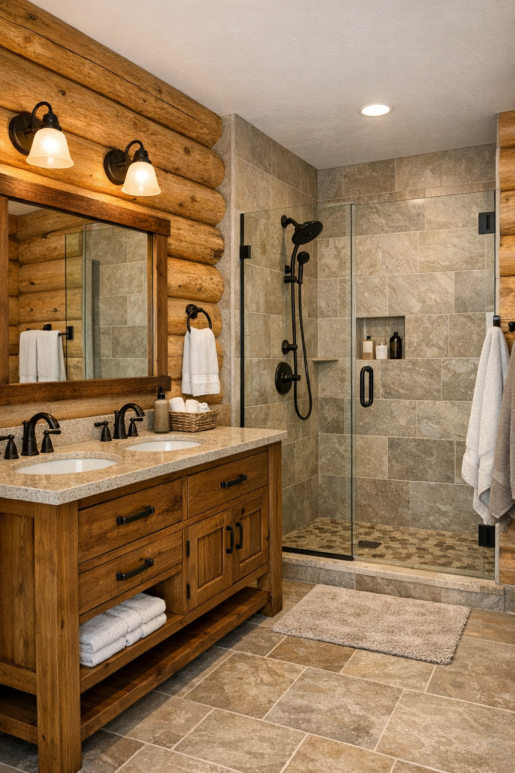 Rustic bathroom with wood vanity, walk-in shower, and neutral tile
