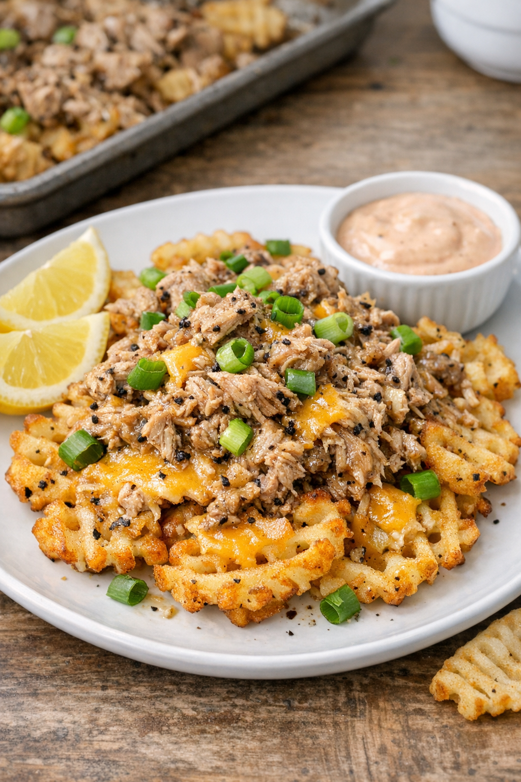 Finished baked black pepper tuna and waffle fries on a plate