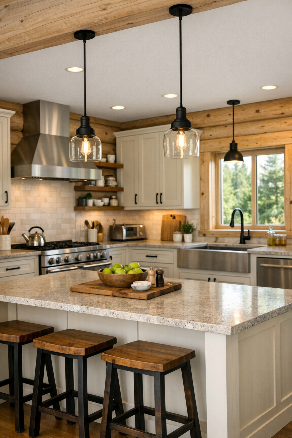 Light-filled kitchen with pale log walls, painted cabinets, a central island, and stone countertops