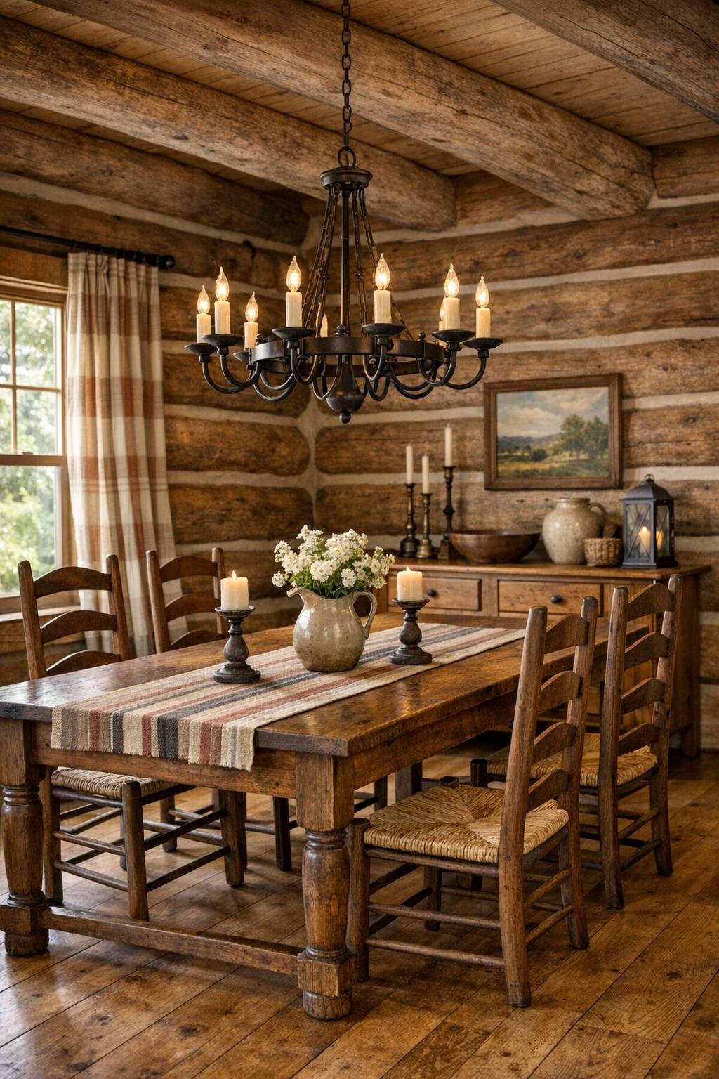 Cozy log home dining room with farmhouse table and wrought-iron chandelier