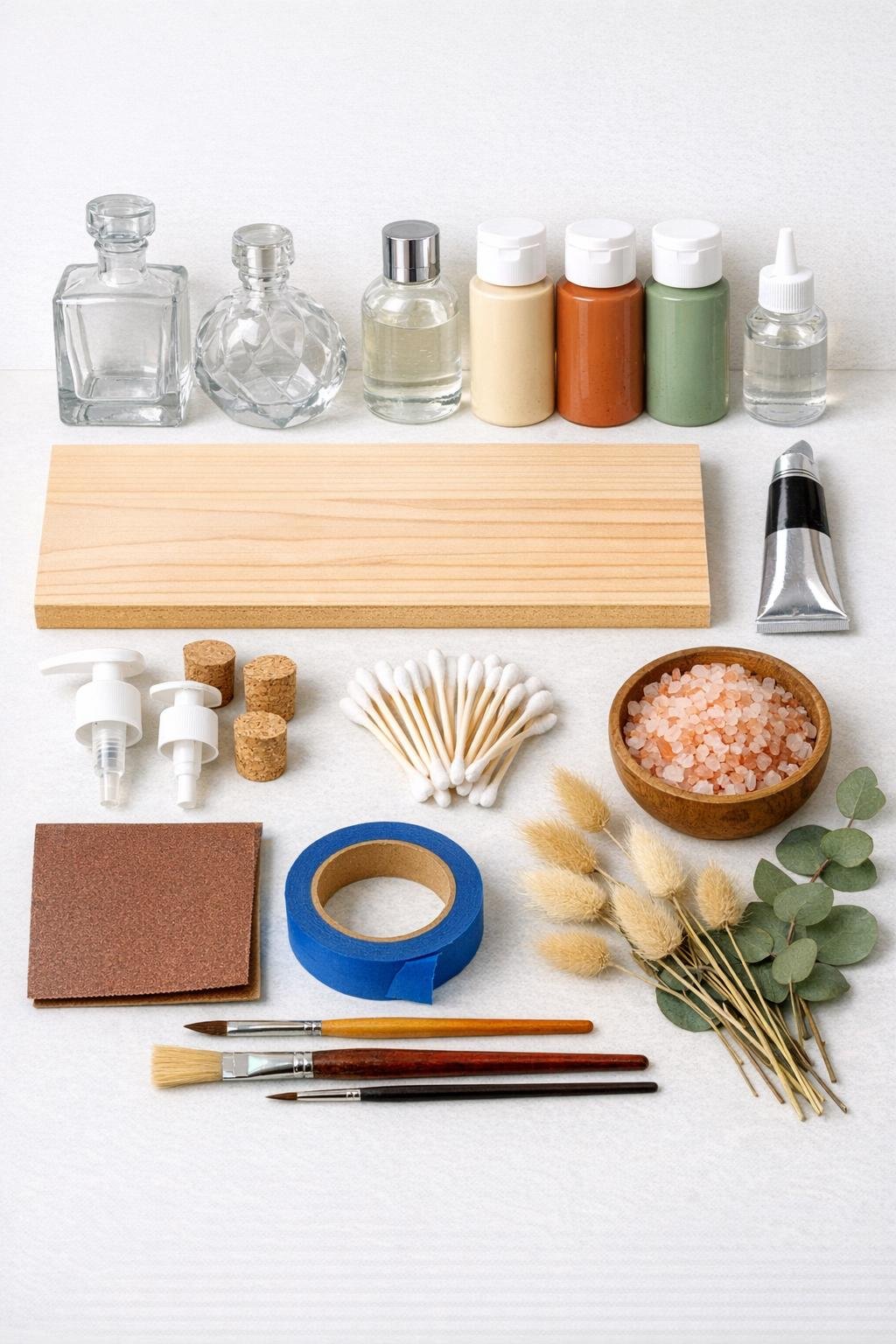 Materials for a three-bottle autumn bathroom organizer laid out neatly