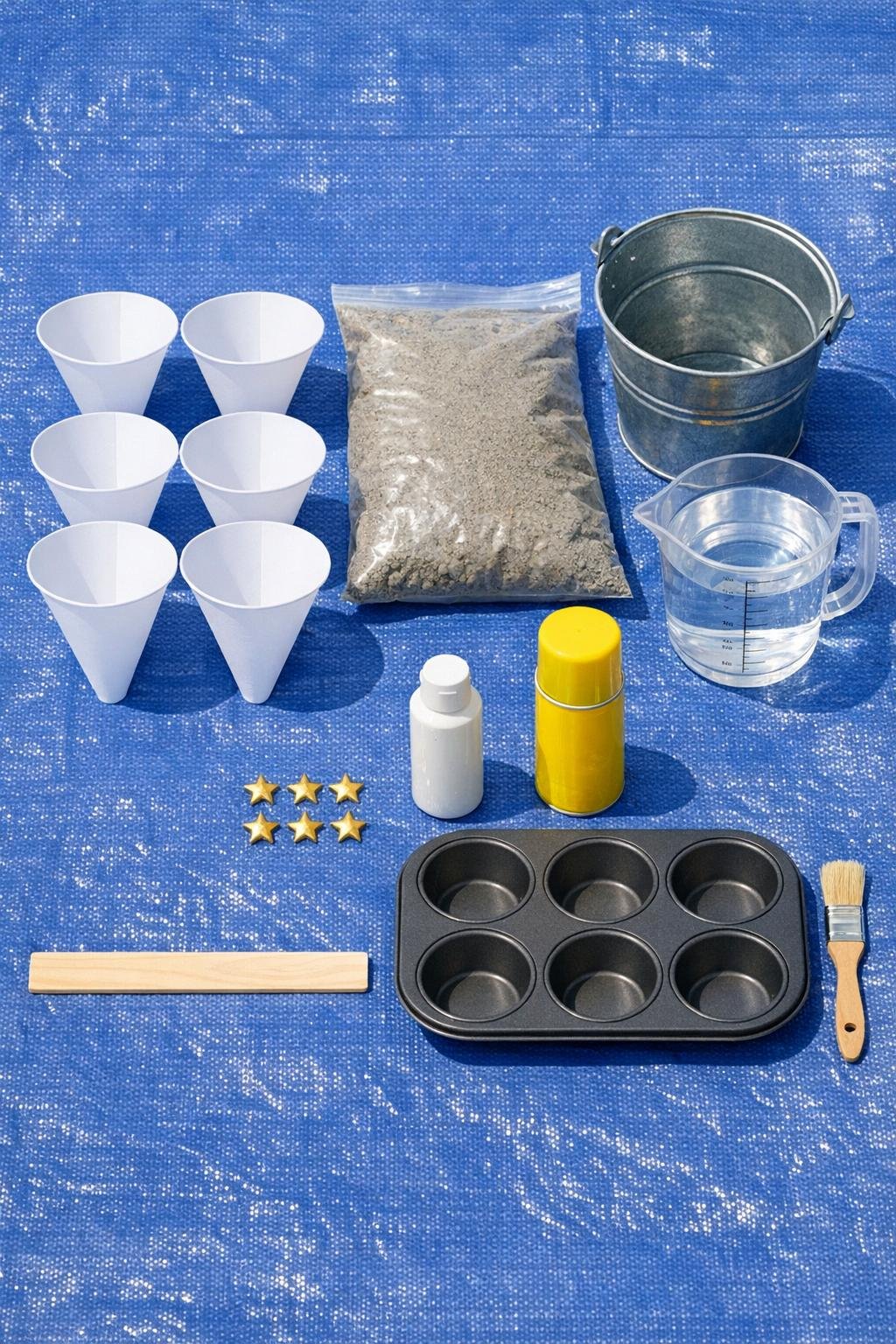 Materials for making concrete cone holiday decorations laid out neatly
