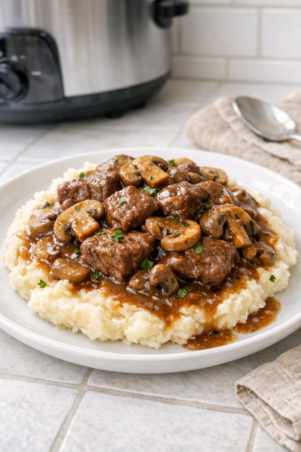 Finished beef and mushroom stew served over mashed potatoes
