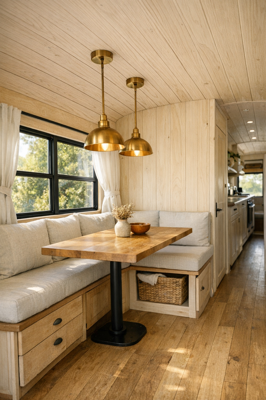Built-in dining nook inside a converted bus with wood table and bench seating