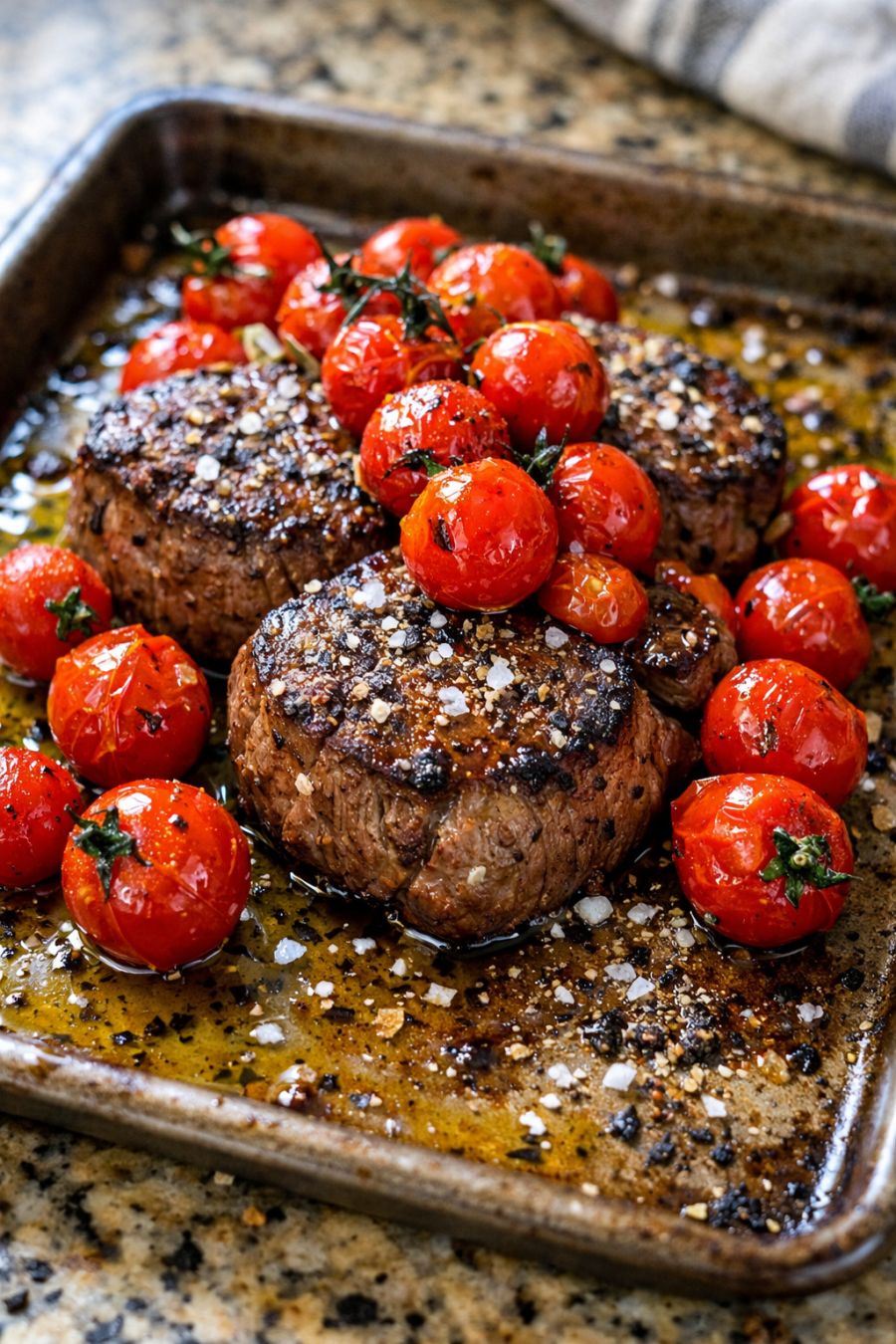 Scatter raw cherry tomatoes beside raw beef tenderloin medallions