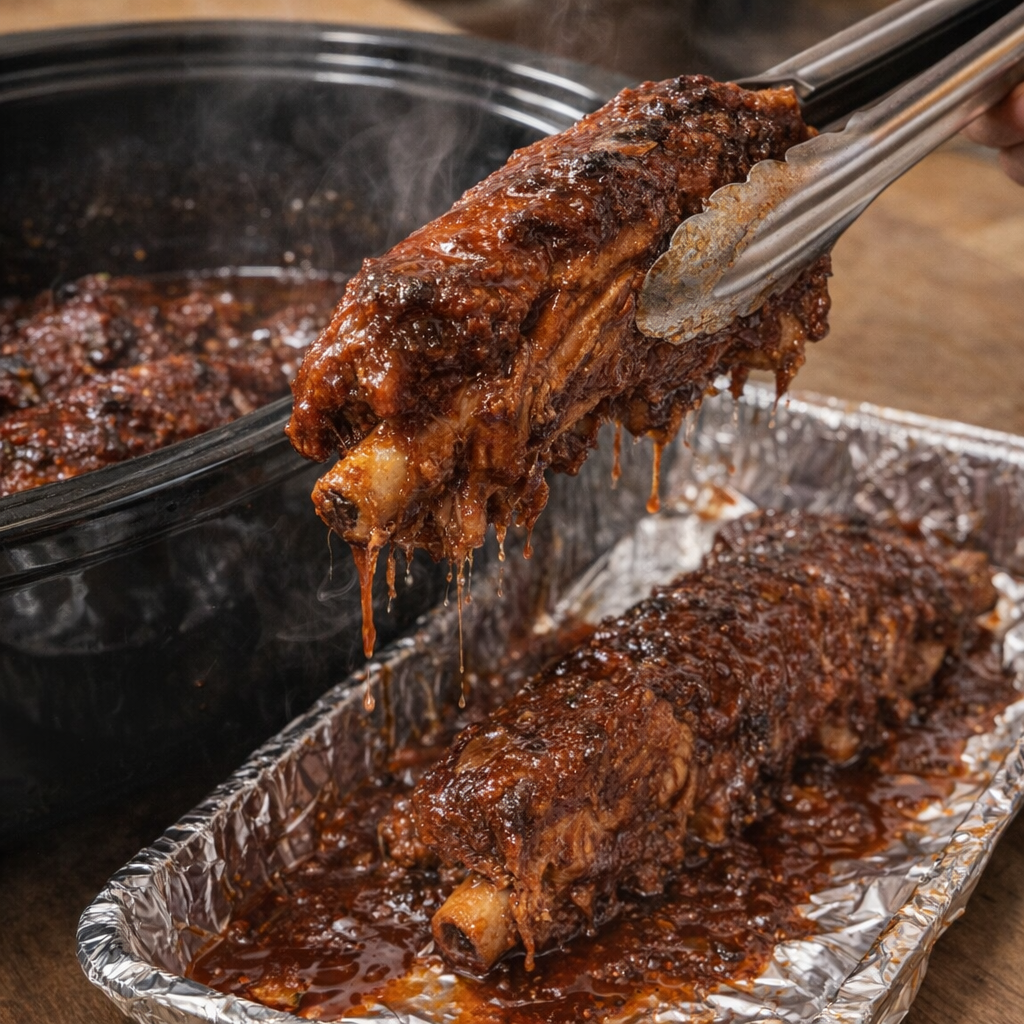 Tender cooked ribs being transferred to a foil-lined tray